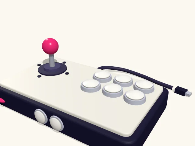One Bashcade station: a cream control panel with a pink ball-top joystick, six numbered buttons, and a USB lead out of the back.
