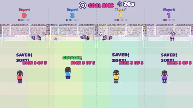 Goal Kick: Five penalties each. Aim with the stick, shoot past the keeper!