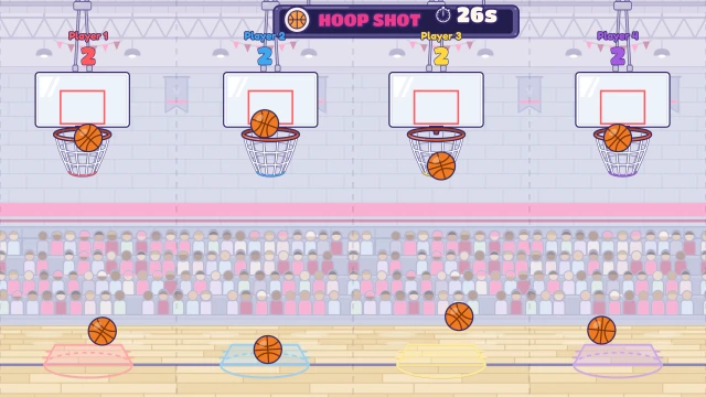 Hoop Shot: Shoot when the hoop lines up. Most baskets wins!