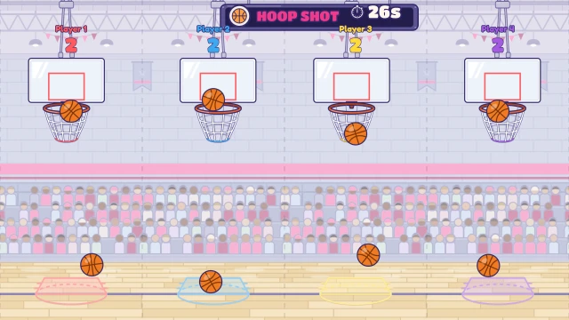 Hoop Shot: Shoot when the hoop lines up. Most baskets wins!