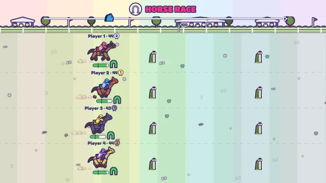 Horse Race: Mash 1 to gallop, press 2 to jump. First past the post wins!