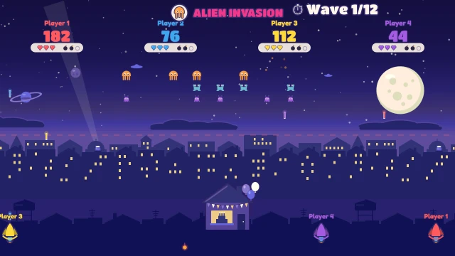 Alien Invasion: Fight off the alien waves together. Shoot, shield, and bomb!