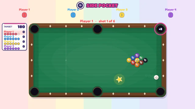 Side Pocket: Line the ghost ball up on a pocket, wind up the power and strike. Pot one, shoot again!