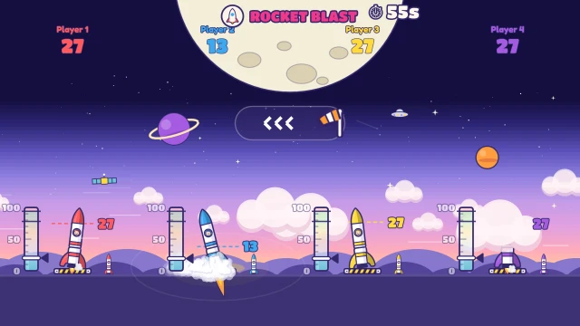 Rocket Blast: Lean into the wind, stop the bar before the red, boost at the ring!