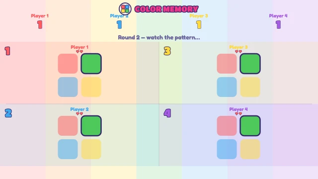 Color Memory: Watch the colours, then copy them back. Last one right wins!