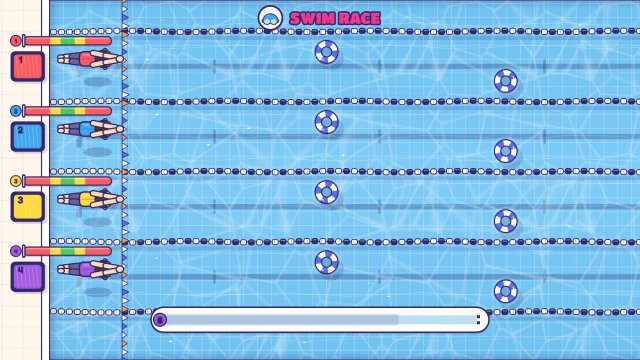Swim Race: Press on the GREEN to swim. Flick up or down to dodge the floaties. Touch the wall first!