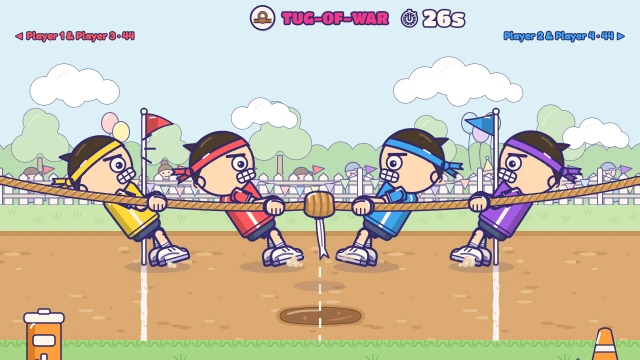 Tug-of-War: Mash 1 to pull the rope your way. Drag the knot past your line!