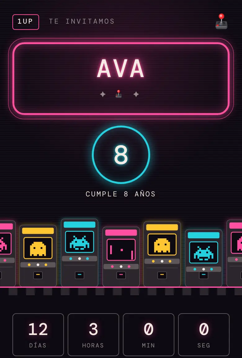 Invitación de fiesta Barcade, diseño Neón