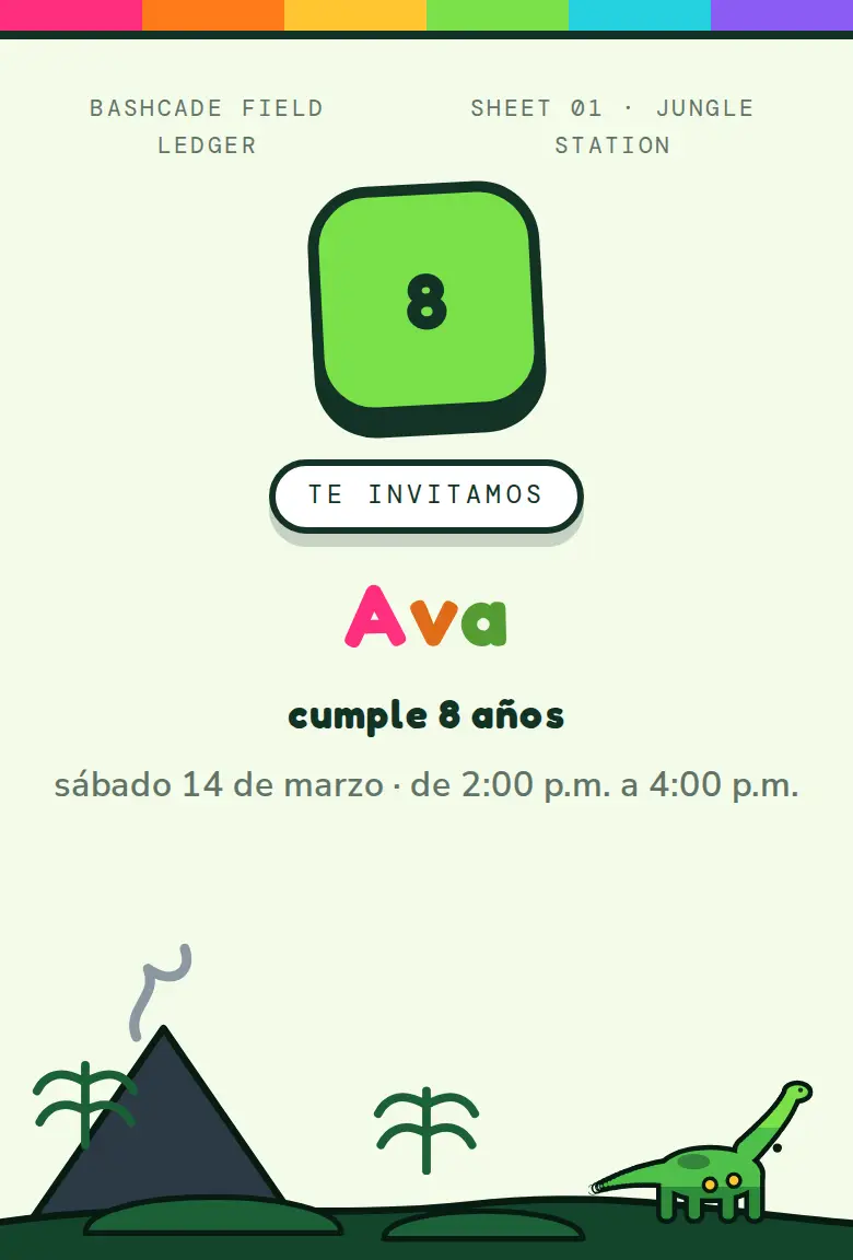 Invitación de fiesta Dinosaurios, diseño Selva