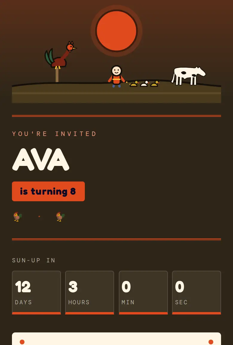 Farm party invitation, First Light design