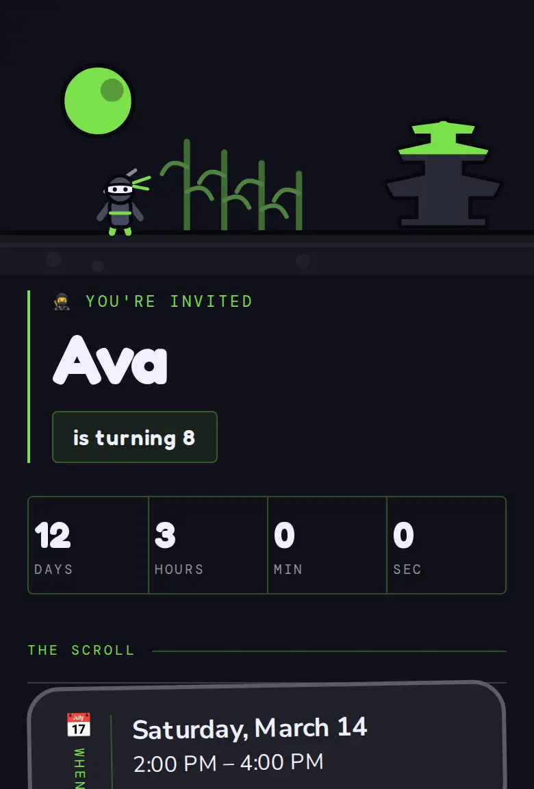 Ninja party invitation, Dojo design
