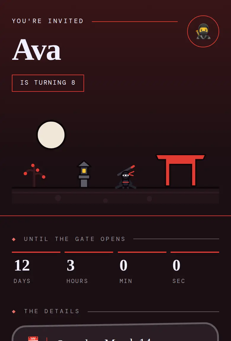 Ninja party invitation, Torii design