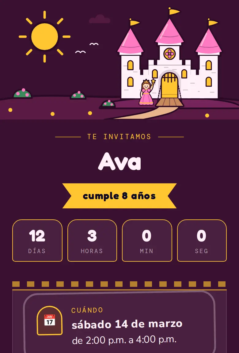 Invitación de fiesta Princesas, diseño Castillo