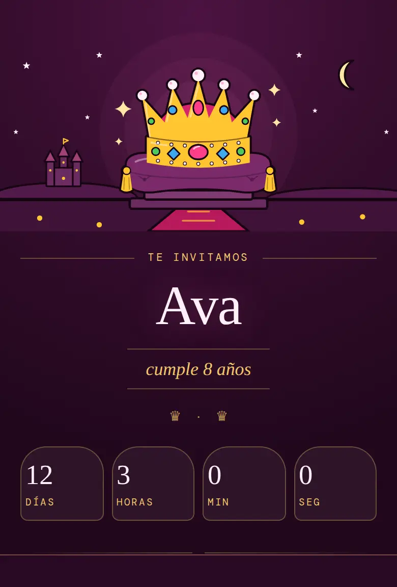 Invitación de fiesta Princesas, diseño Corona