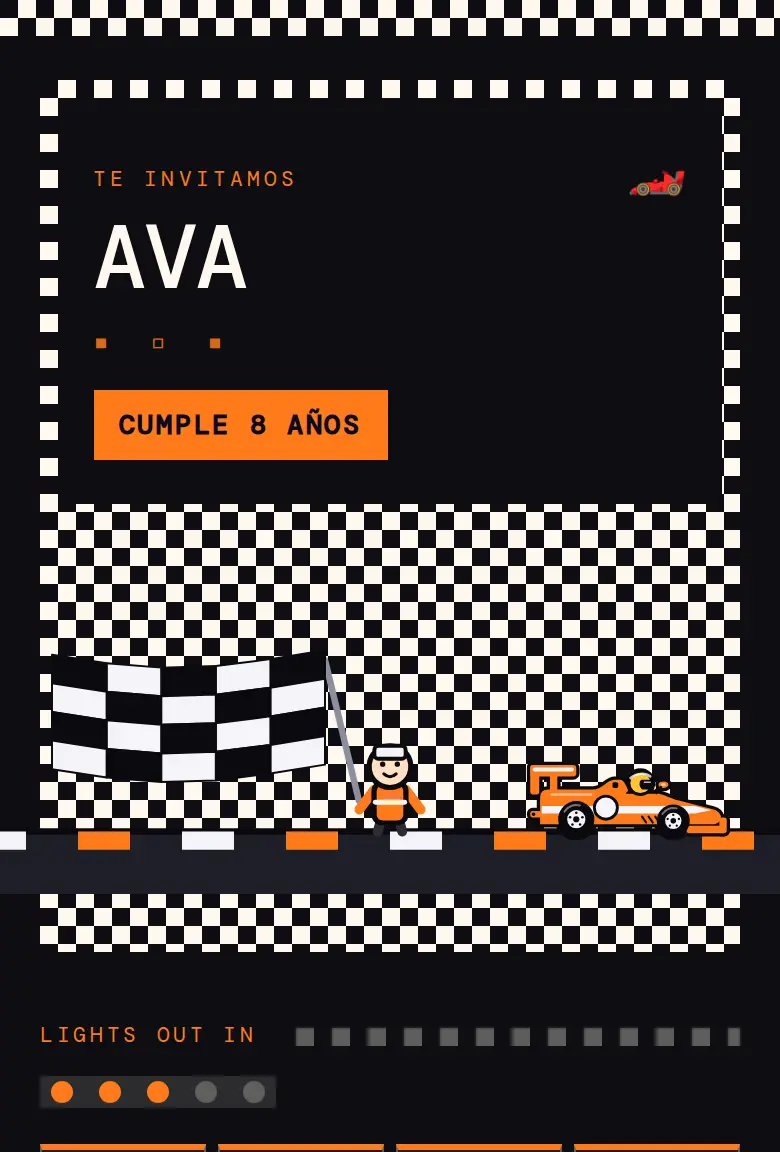 Invitación de fiesta Autos de carreras, diseño Cuadros