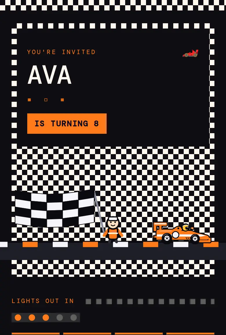 Race Cars party invitation, Chequer design