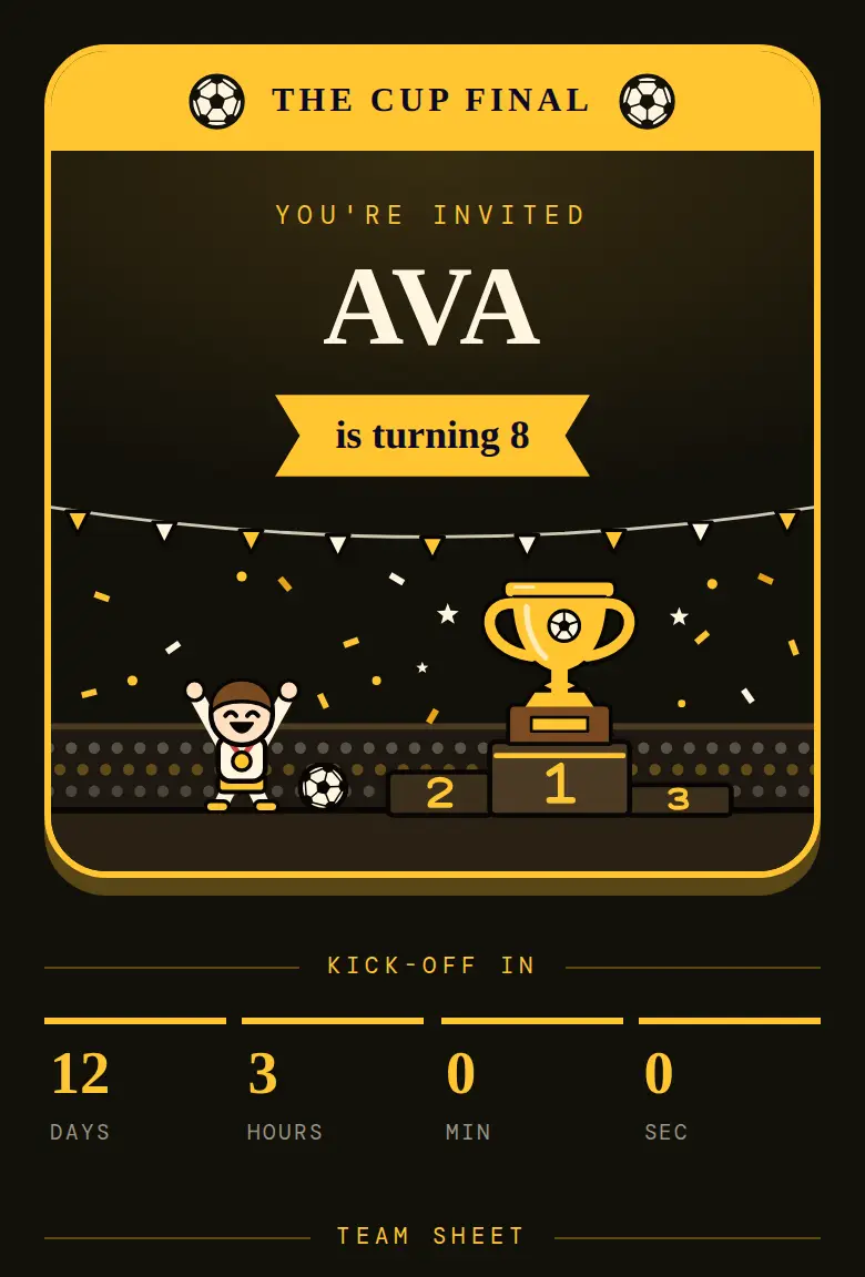 Soccer party invitation, Cup Final design