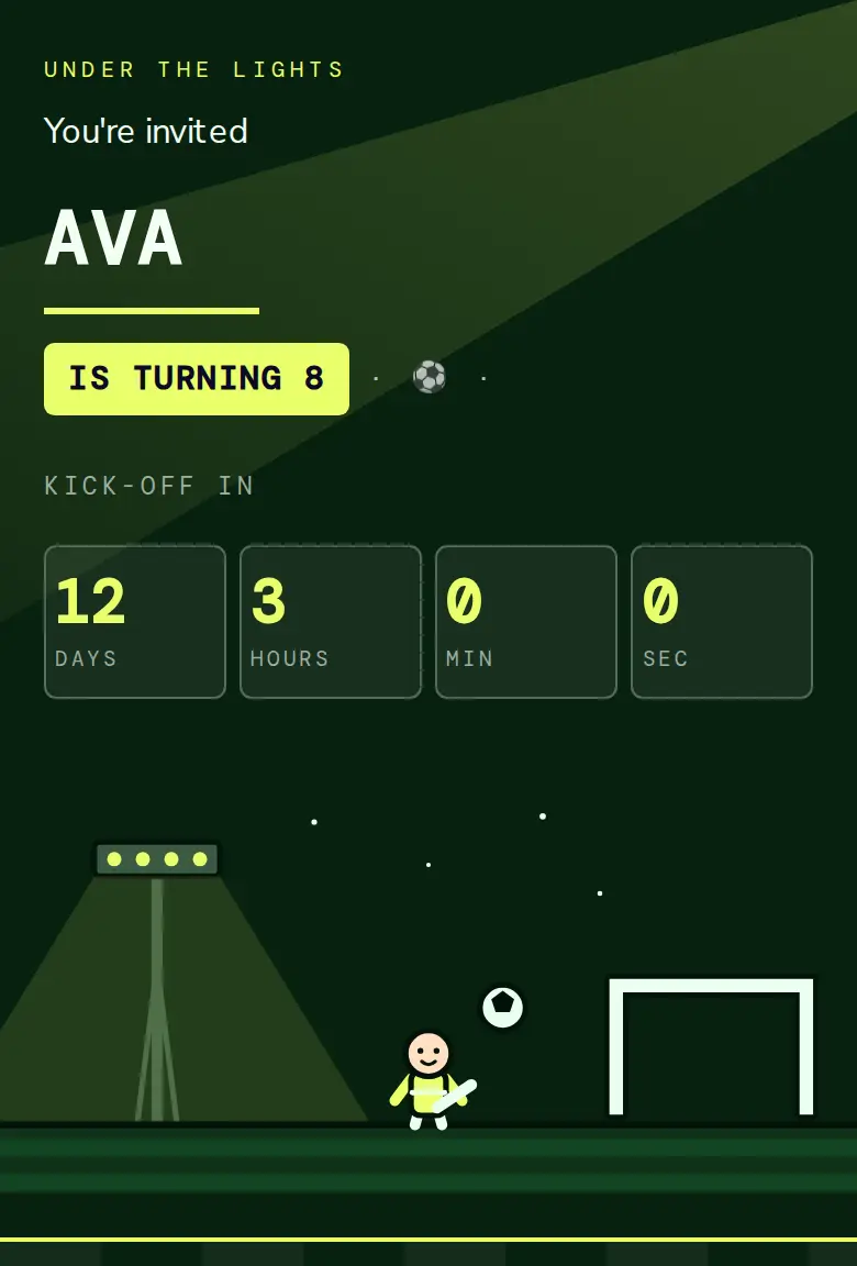 Soccer party invitation, Floodlit design