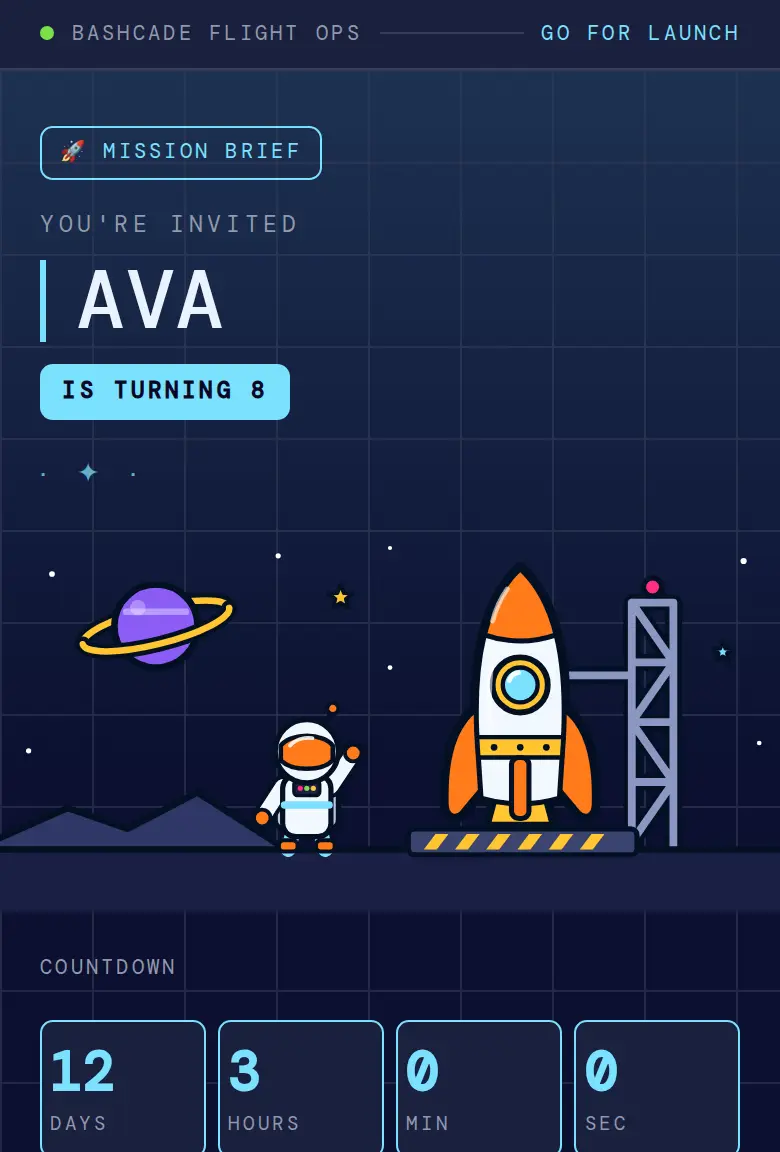 Space party invitation, Mission design