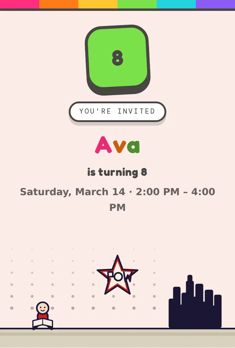 Superhero party invitation, Comic design