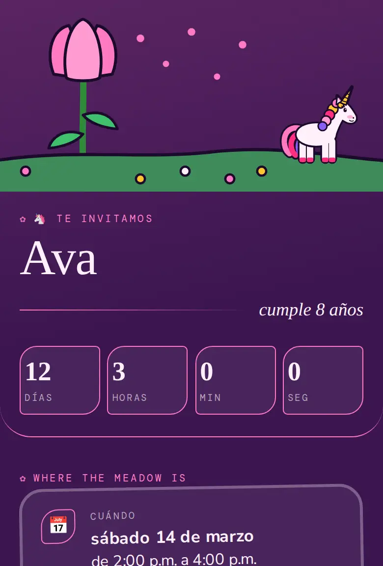 Invitación de fiesta Unicornios, diseño Floración