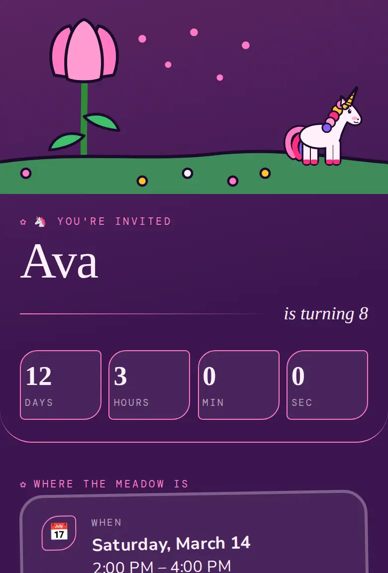 Unicorn party invitation, Blossom design