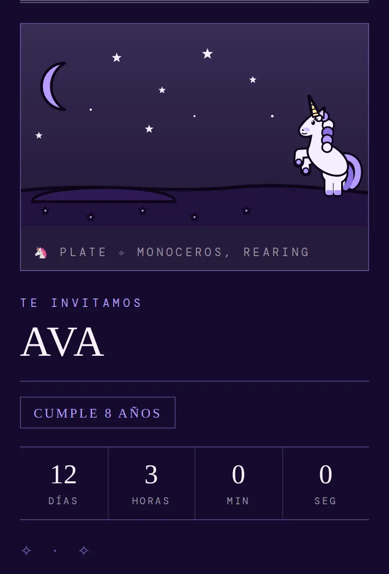Invitación de fiesta Unicornios, diseño Luz de estrellas