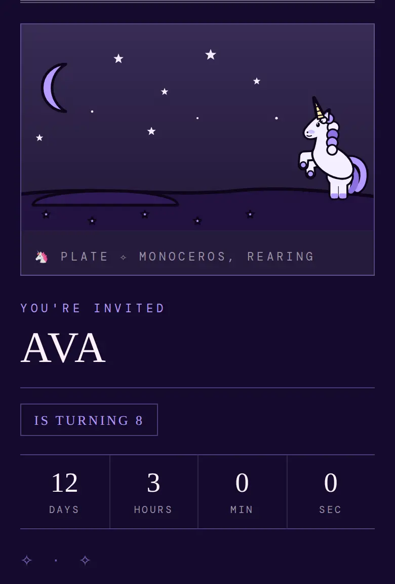 Unicorn party invitation, Starlight design