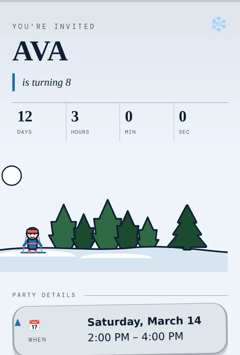Winter party invitation, Pines design